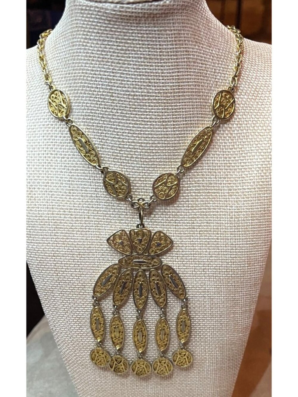 Vintage 70s Bohemian Revival Gold Tone Filigree Chandelier Statement Necklace